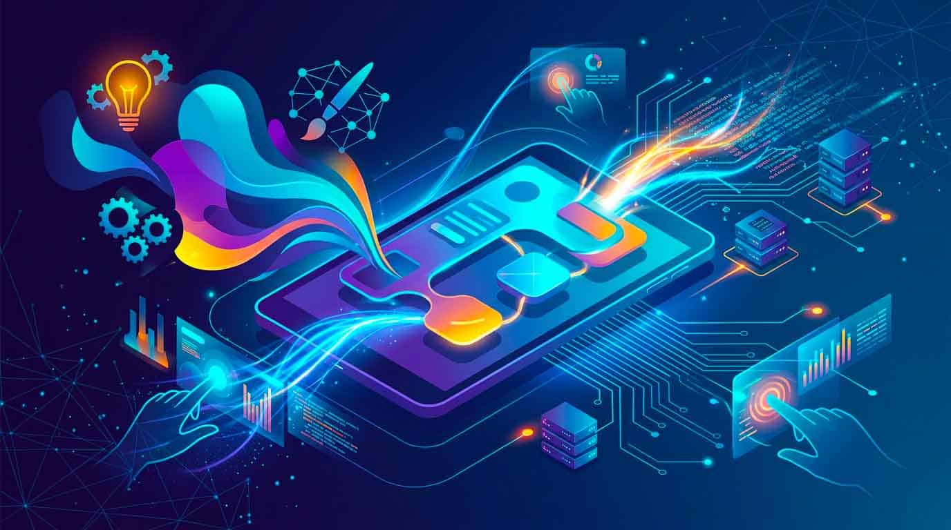 Futuristic digital technology with vibrant neon colors and data flow visuals.