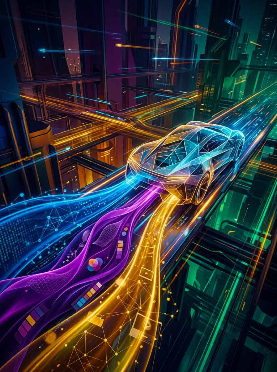 Futuristic digital car speeding through a neon-lit cityscape at night.