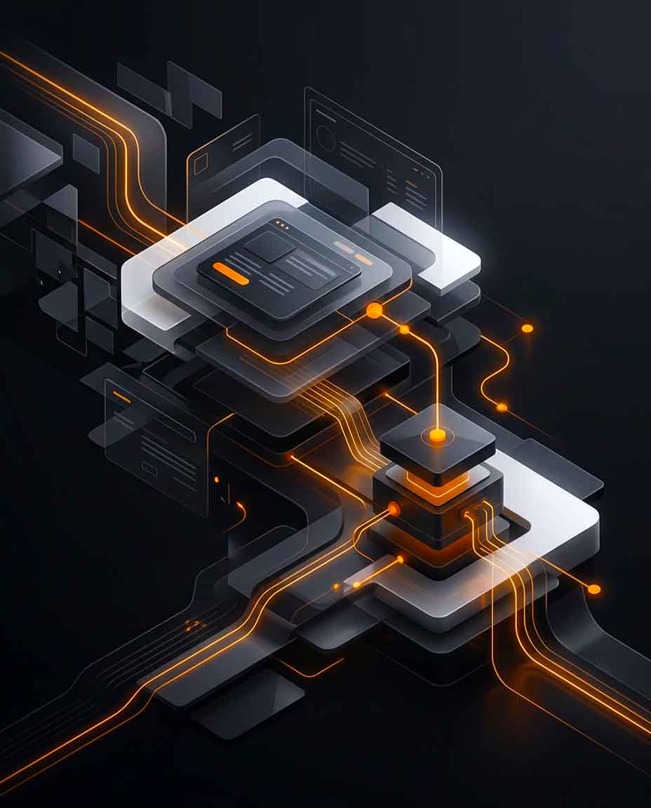 Futuristic digital circuit board with glowing orange and white connections.