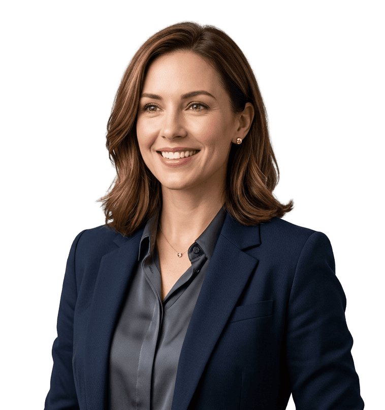 Professional woman in business suit smiling for corporate photo.
