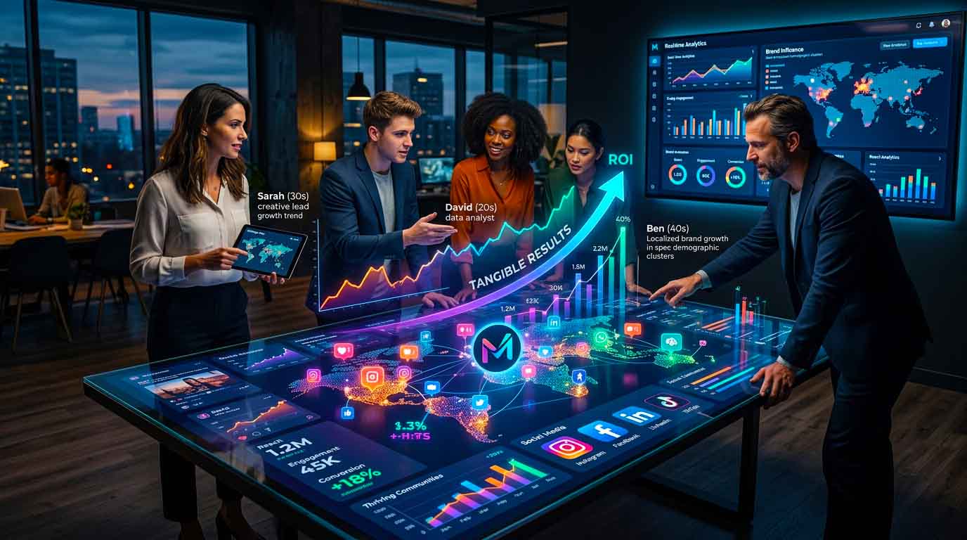 Business team analyzing digital data on a futuristic touchscreen table in a modern office.