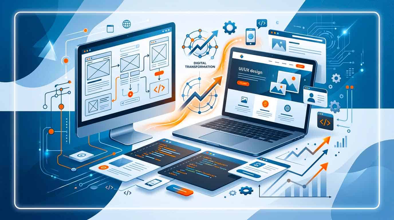 Digital web development and design illustration with computers and charts.
