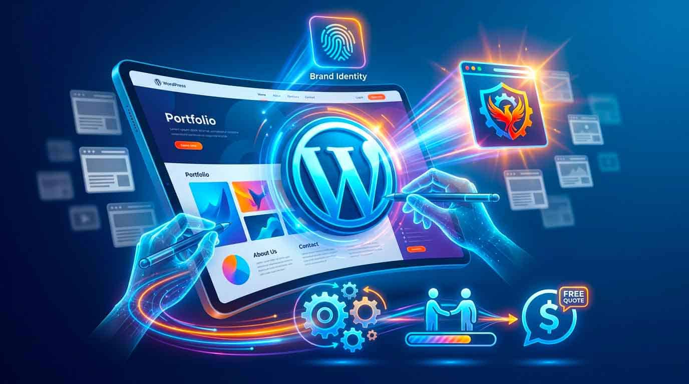 Digital illustration of WordPress website development and branding tools.