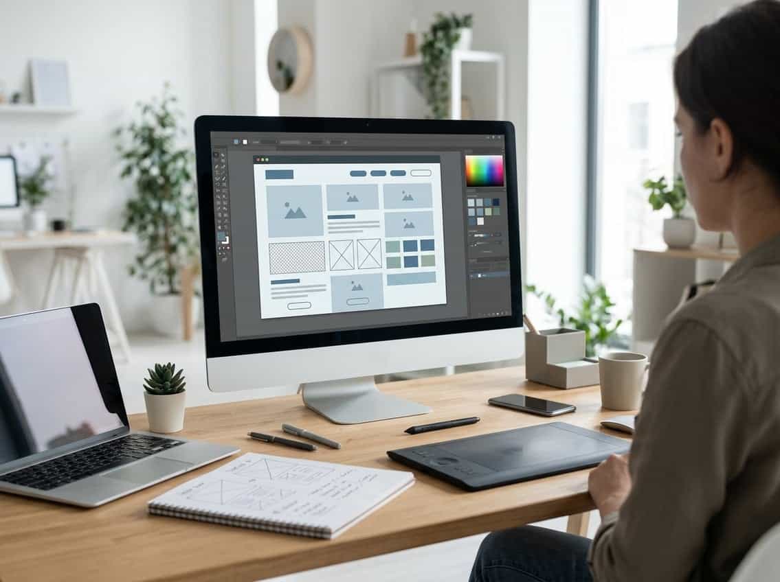 A web designer works at a desk with a website layout on a monitor.