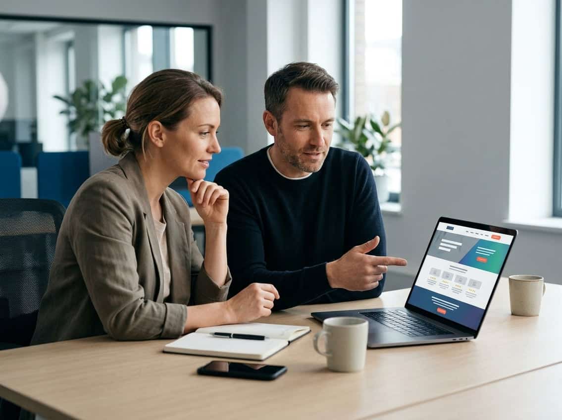 A business owner and web designer review a website on a laptop.