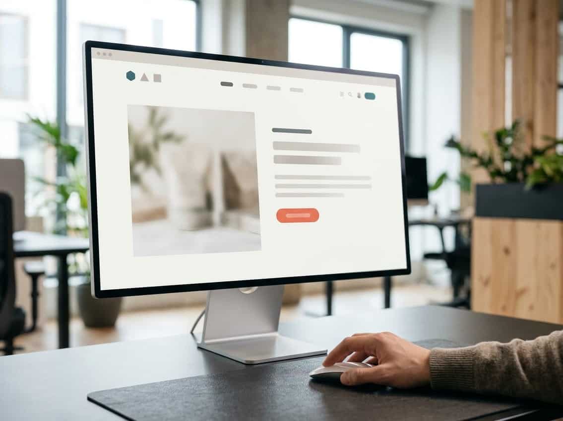 A person prepares to click a prominent button on a website displayed on a desktop monitor.
