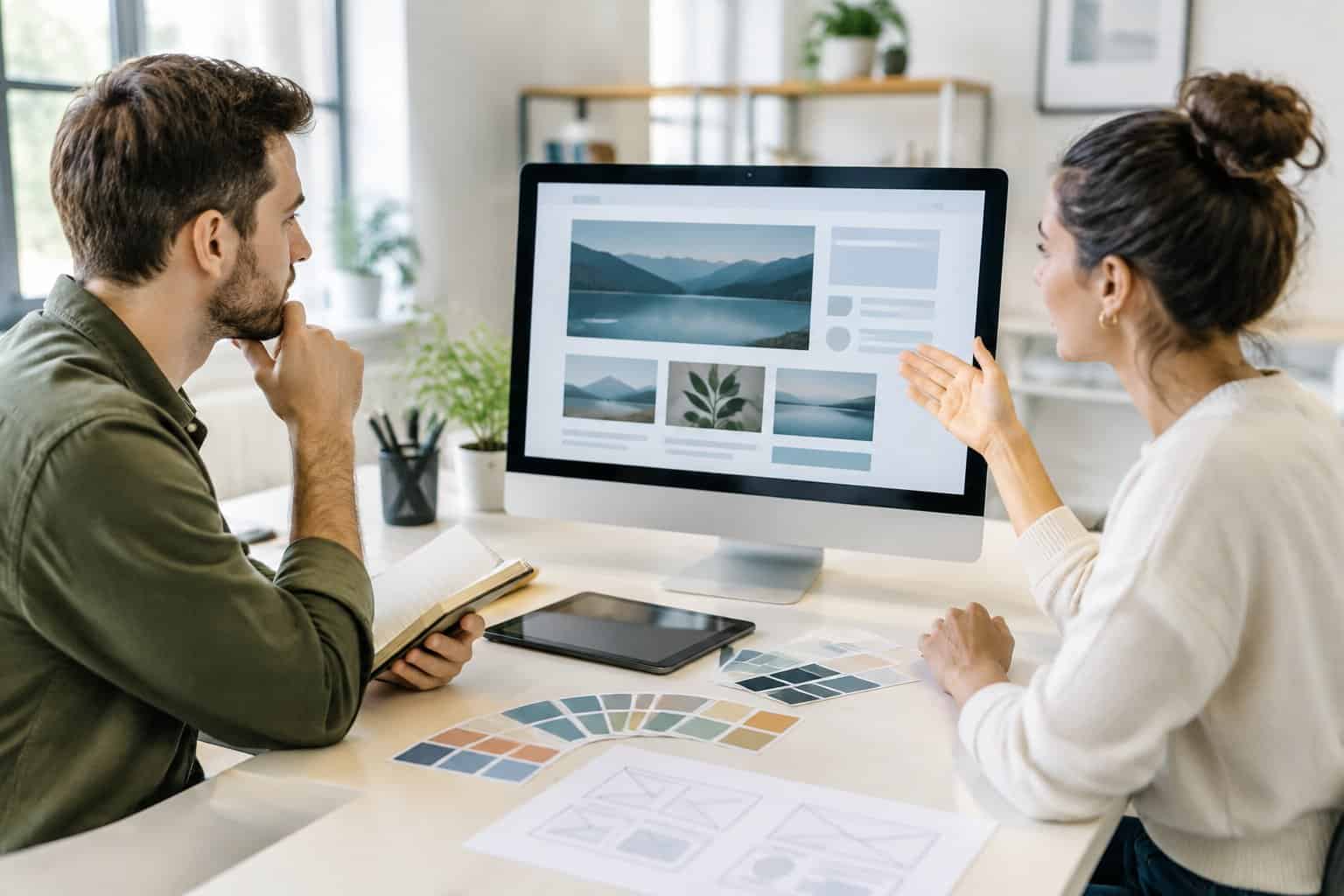 A small-business owner and a web designer discuss a website project at a desk.