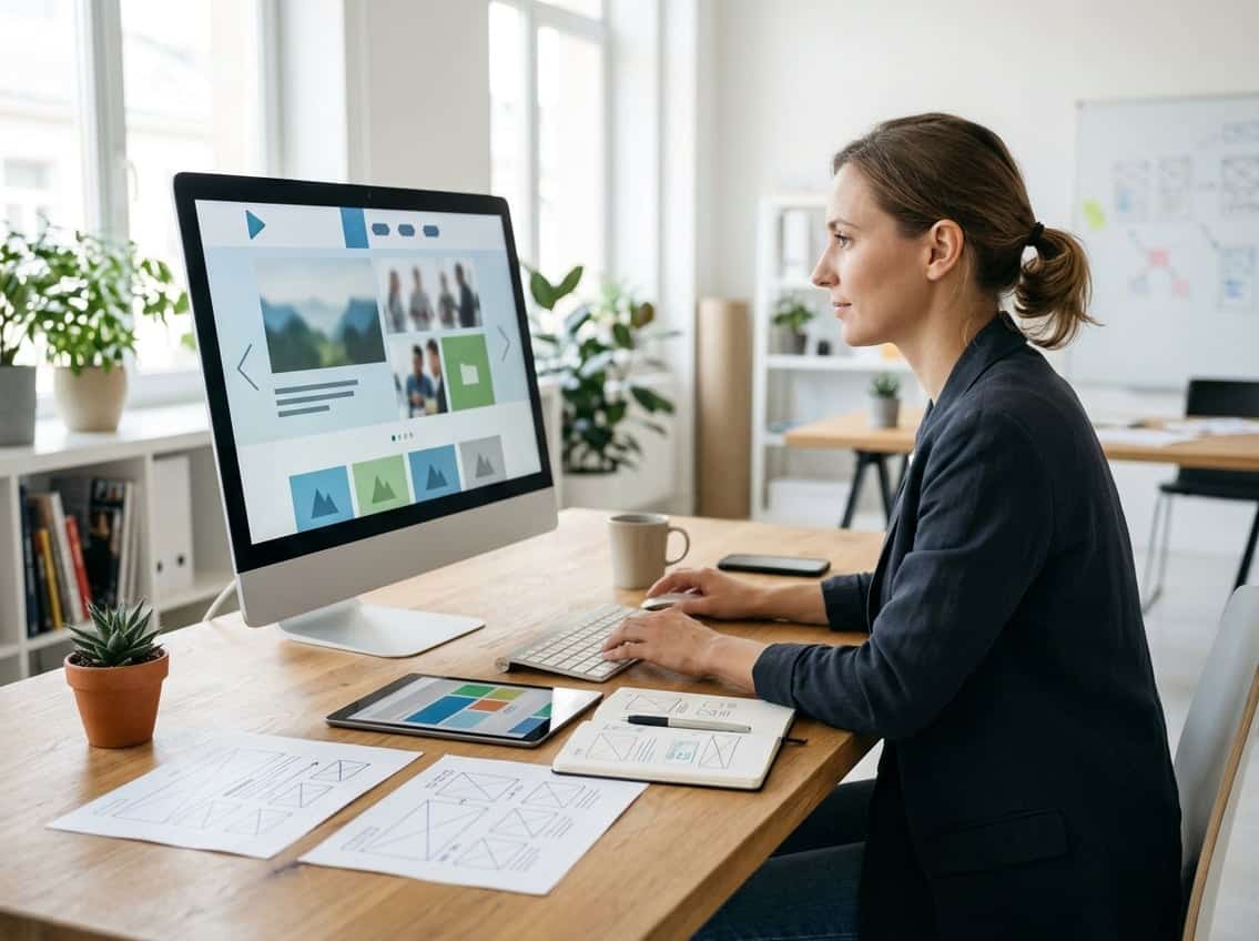 A web designer reviews a website layout on a desktop monitor beside paper sketches and a tablet.